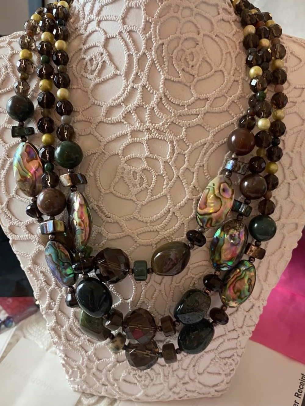 VTG Y2K Genuine Green Stones and Abalone Shells Multi Strand Necklace on 925 SS